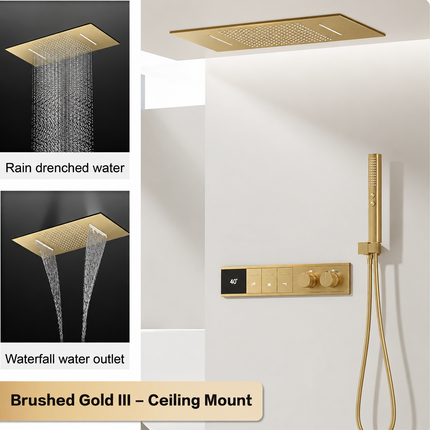 LED Digital Thermostatic Shower Set with Ceiling Rain Head & Slide Bar