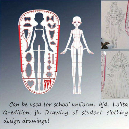 Clear Fashion Illustration Ruler Set with Dress Form Templates for Student Design and BJD Doll Outfit Sketching