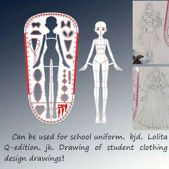 Clear Fashion Illustration Ruler Set with Dress Form Templates for Student Design and BJD Doll Outfit Sketching
