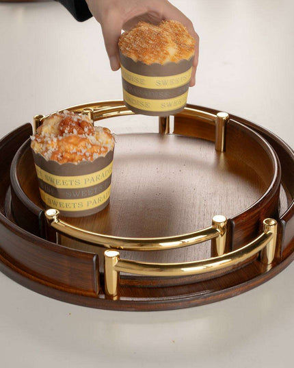 Chic Round Bamboo and Wood Serving Tray with Sturdy Metal Handle - Space-Saving Stackable Ottoman for Home Style