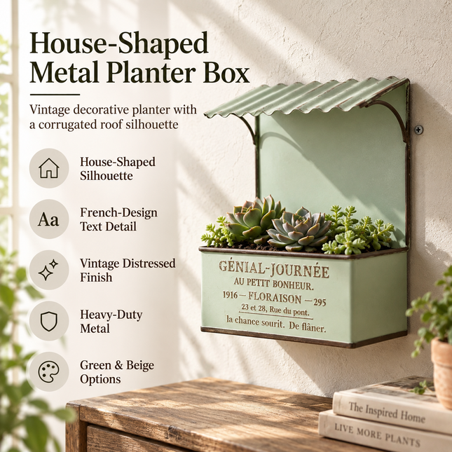 House-Shaped Metal Planter Box — French-Design Text Roof, Vintage Distressed Finish