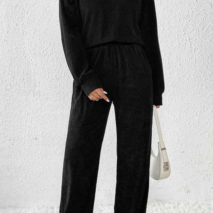 Elegant Black Corduroy High Neck Twin Set with Flared Trousers