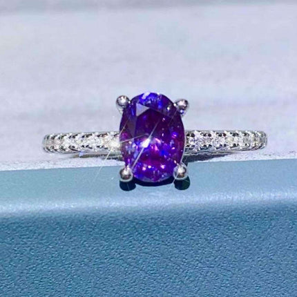 Lavender Lab-Diamond 1 Carat Sterling Silver Ring with Platinum Accents - Luxurious Purple Gemstone Jewelry for an Elegant Touch