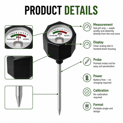 Soil pH Meter with Rod — Portable Analog Tester, Battery-Free