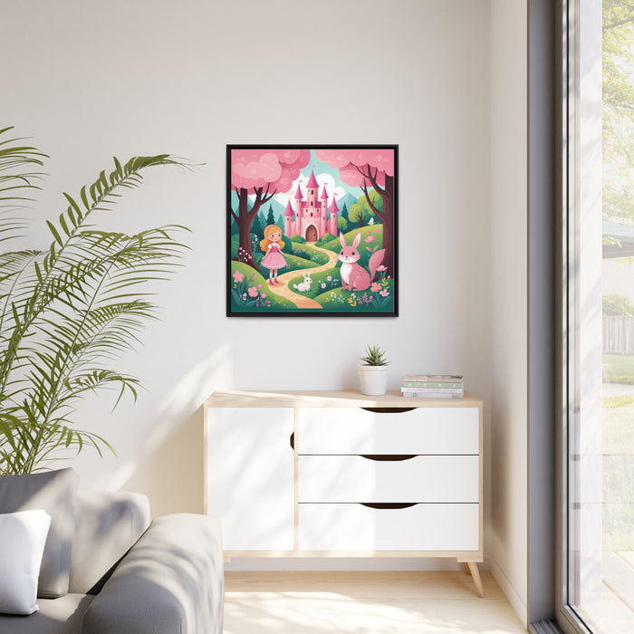 Royal Princess and Pink Castle Canvas Print with Elegant Black Pinewood Frame