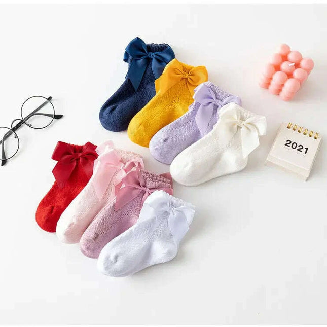 Adorable Cotton Baby Girl Socks with Stylish Bows - Breathable Short Socks