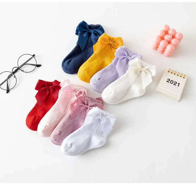 Adorable Cotton Baby Girl Socks with Stylish Bows - Breathable Short Socks