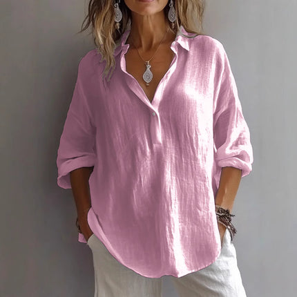 Women's Casual Long-Sleeved Lapel Pullover Shirt — Loose Fit, 3/4 Sleeve