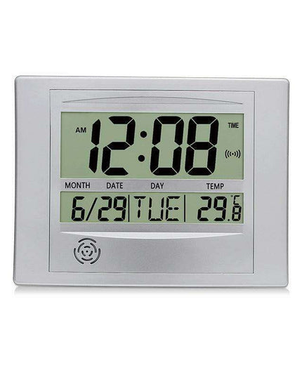 Elegant Atomic Digital Wall Clock with Calendar, Temperature Readout, and Alarm Feature