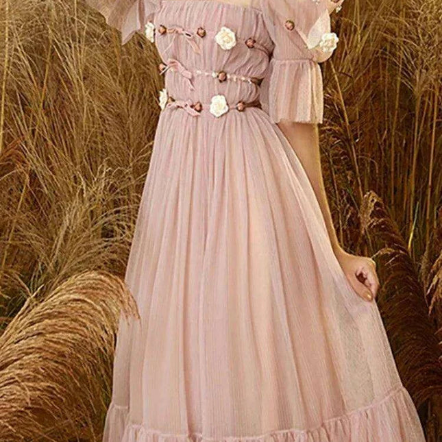 3D Floral Puff Sleeve Dress with Square Neck