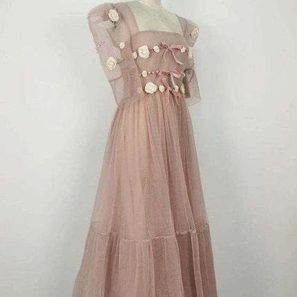 3D Floral Puff Sleeve Dress with Square Neck - Très Elite