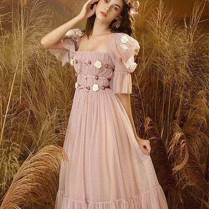 3D Floral Puff Sleeve Dress with Square Neck - Très Elite