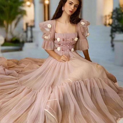 3D Floral Puff Sleeve Dress with Square Neck - Très Elite