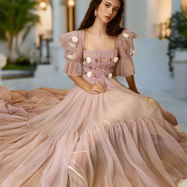 3D Floral Puff Sleeve Dress with Square Neck