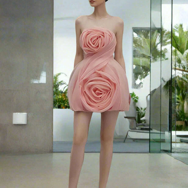 3D Floral Strapless Mini A-line Dress for Women – Slim Waist