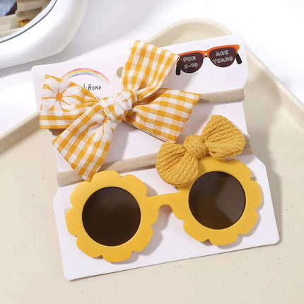 3Pcs/Set Newborn Print Bowknot Headbands and Cute Round Sunglasses..