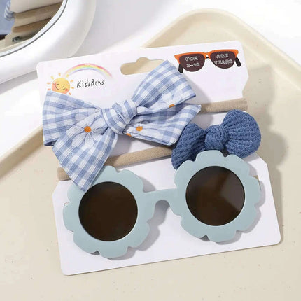 3Pcs/Set Newborn Print Bowknot Headbands and Cute Round Sunglasses..