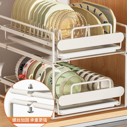 Pull-Out Kitchen Dish Rack Organizer with Adjustable Storage