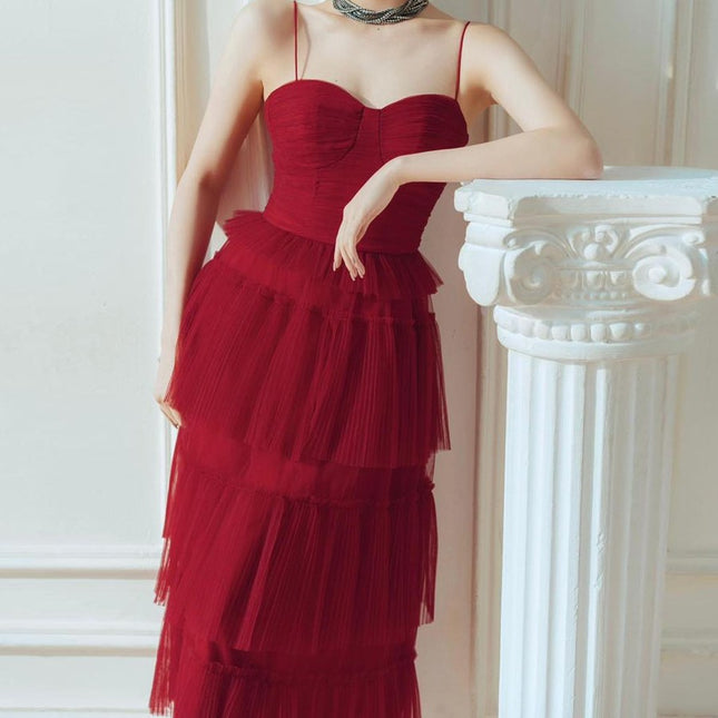 Très Elite Dark Red Flowing Dress with Suspender Straps & Long Skirt