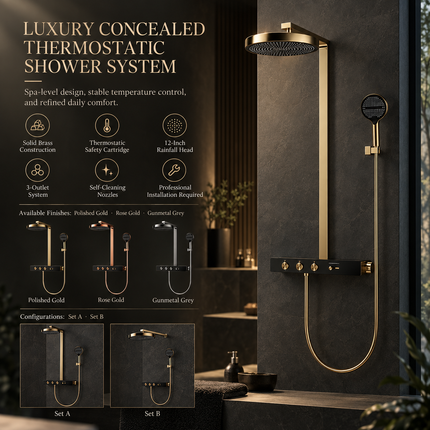Luxury Concealed Thermostatic Shower System Set with Brass Rainfall Head & Gold Finish