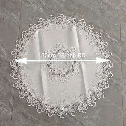 Sophisticated White Floral Lace Round Table Cover - 32-Inch Polyester Cloth for Elegant Dining Events, Easy Care