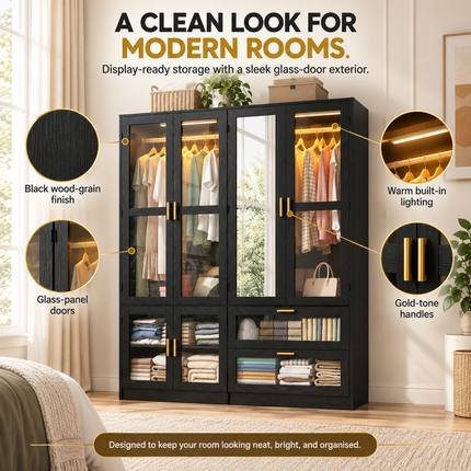TideRise 4-Door Armoire Wardrobe with LED & Mirror, 71" Black Closet Hinged Door Wardrobes 4-door-armoire-wardrobe-w-led-mirror-71-wood-closet-for-bedroom-2-drawers-hanging-rod-black