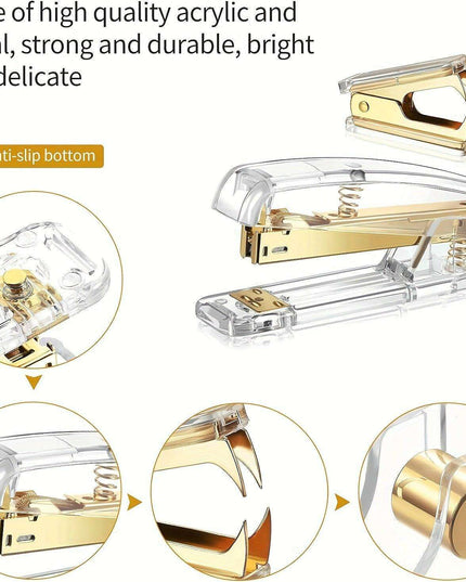 Elegant Golden Acrylic Office Accessory Set with Stapler, Tape Dispenser, Scissors, and 1000 Staples