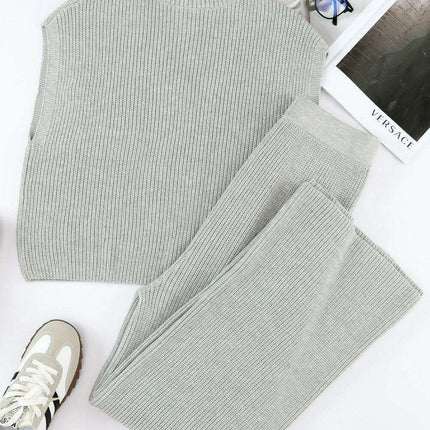 Elegant Knit V Neck Sweater and Flowing Trousers Ensemble