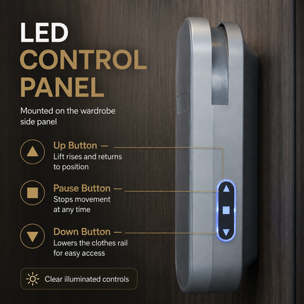 Intelligent Touch, Sensor & Voice Control Electric Wardrobe Lift — Aluminum, 15kg, Extendable 600–900mm / 900–1200mm