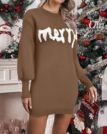 Women's Knitted Round Neck Lantern Sleeve Pullover Sweat Dress