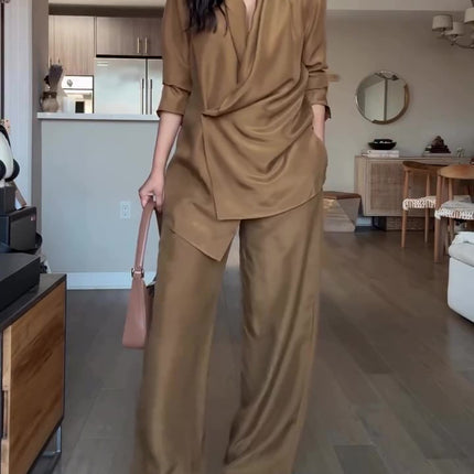 Peekaboo Studio Wrap-Style Satin Blouse & Wide-Leg Pants Set, Elegant