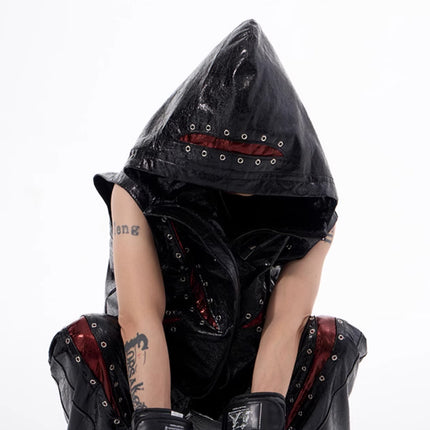 Peekaboo Studio Dark Sleeveless Hooded Vest Coat with Pockets & Zip Cl