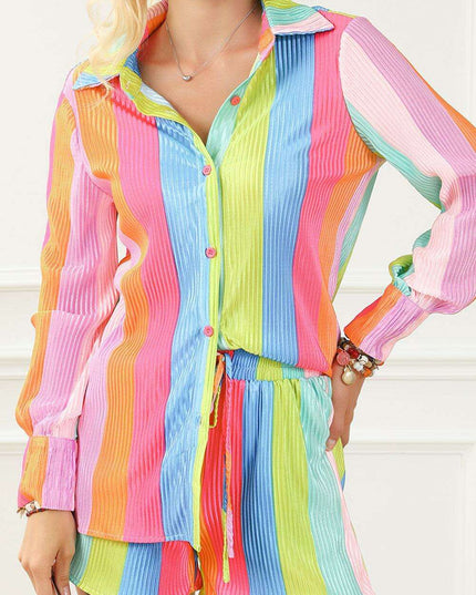 Colorful Crinkle Shirt and Shorts Ensemble with Playful Rainbow Stripes
