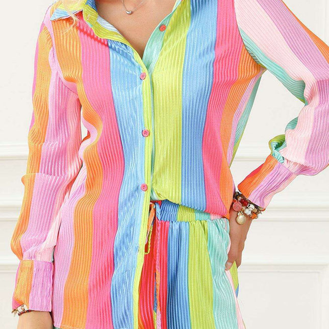 Colorful Crinkle Shirt and Shorts Ensemble with Playful Rainbow Stripes