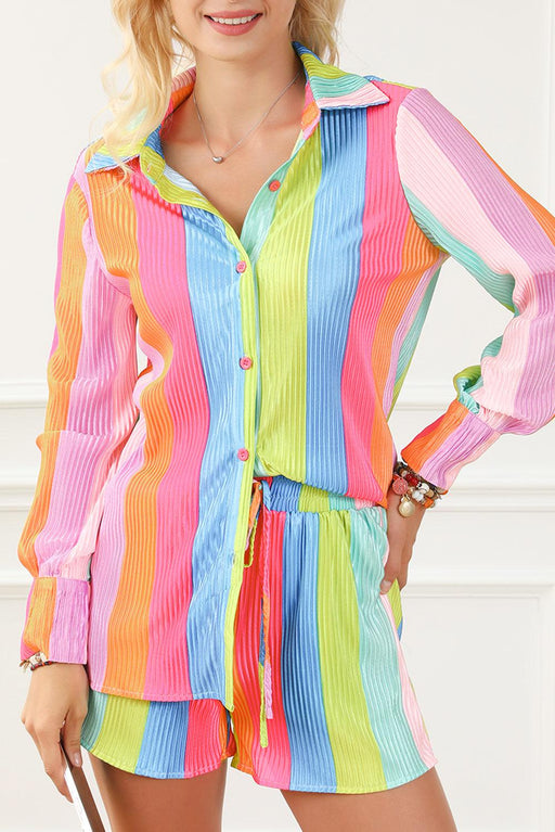 Rainbow Striped Crinkle Shirt and Shorts Set with Multicolor Vibrancy