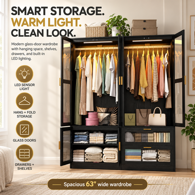 TideRise 4-Door Armoire Wardrobe with LED & Mirror, 71" Black Closet