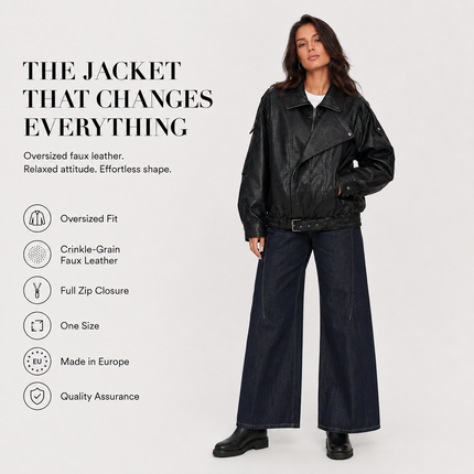 Oversized Faux Leather Jacket — High Collar, Full Zip & Adjustable Belt Coats & Jackets jacket-57 Clothing > Women's Clothing > Outerwear > Jackets & Coats > Faux Leather Jackets