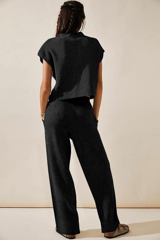 Chic Black Knit V Neck Sweater and Relaxed Pants Set for Stylish Comfort