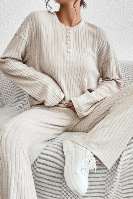 Cozy Beige Ribbed Henley Top and Wide Leg Pants Set