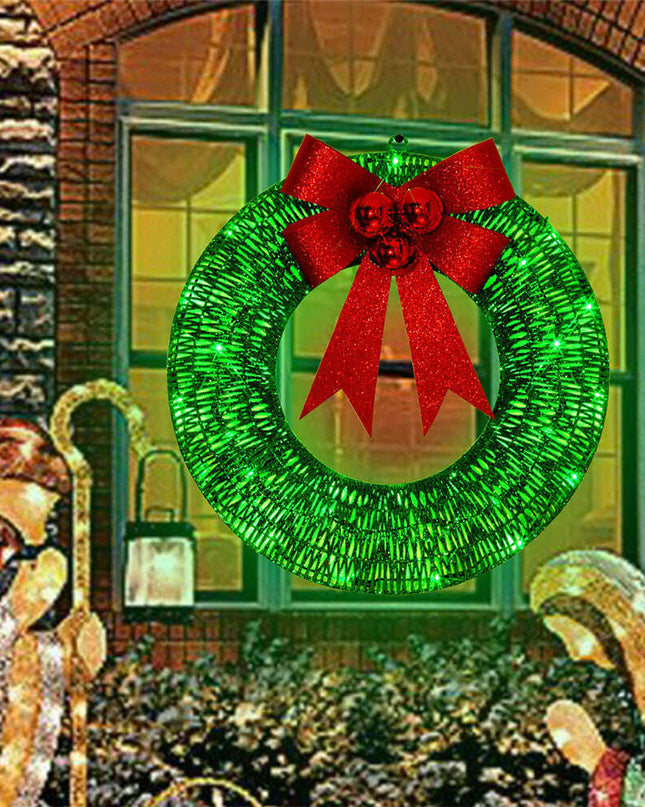 Christmas Garland 50CM Luminous LED Warm Light Metal Luminous Wreath With Big Bowknot Christmas Front Door Home Holiday Party Door Hanging Decor