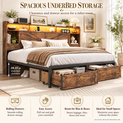 Farmhouse King Bed Frame with LED Headboard, 4-Drawer Storage & Charging Station Platform Beds & Bed Frames king-bed-frame-with-led-lights-storage-drawers-charging-station-farmhouse-style-no-box-spring-needed Furniture > Bedroom Furniture > Beds & Bed Frames