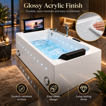 Modern Freestanding Acrylic Whirlpool Bathtub with Hydro Massage & Built-In TV