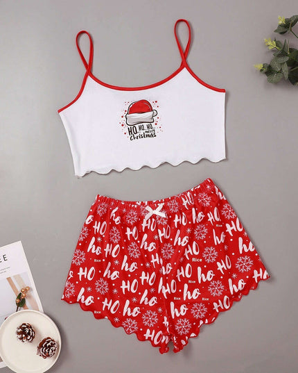 Christmas European And American Thin Pajamas Women's Sleeveless Shorts Milk Silk Simple Casual Two-piece Suit Homewear