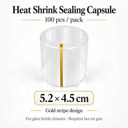 Heat Shrink Sealing Capsules for Glass Bottles — 100pcs, Gold Stripe, 12 Sizes