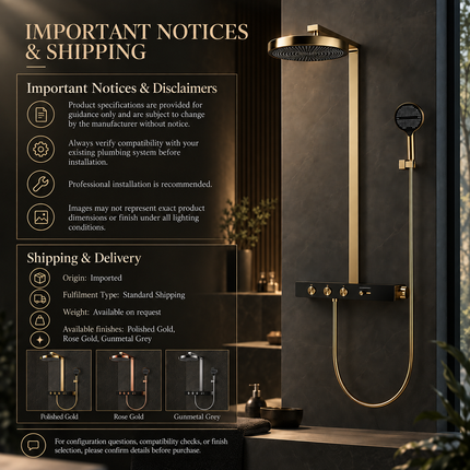 Luxury Concealed Thermostatic Shower System Set with Brass Rainfall Head & Gold Finish
