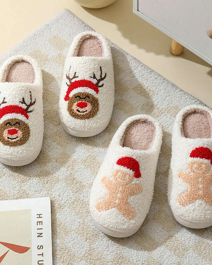 Christmas Home Slippers Cute Cartoon Santa Claus Cotton Slippers For Women And Men Couples Winter Warm Furry Shoes