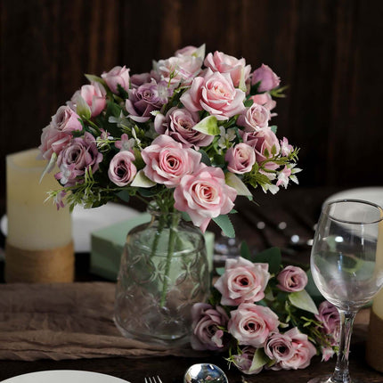 AliKopy 4 Bushes 12" Dusty Rose Real Touch Silk Floral Bouquet, Faux B