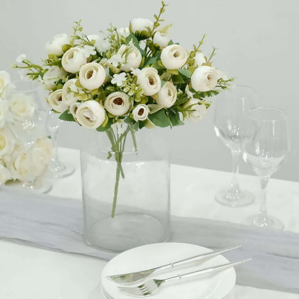 AliKopy 4 Pack 12" Ivory Ranunculus Silk Flower Bouquets - Realistic F