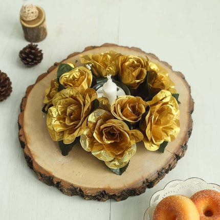 AliKopy 4 Pack 3" Gold Silk Rose Candle Ring Wreaths, Elegant Decor