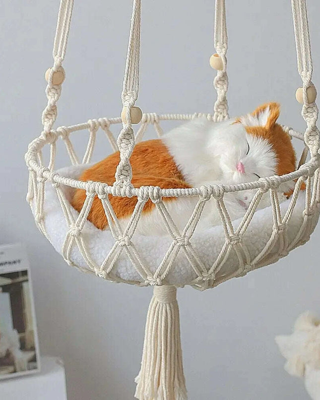 Spacious Macrame Pet Hammock - Stylish Hanging Swing Bed for Cats and Dogs, Cozy Home Accessory, Perfect Gift for Furry Friends